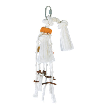 Living World Junglewood Bird Toy - Small Rope With Wood Cylinders, Leather Strips and Bell with Hanging Clip
